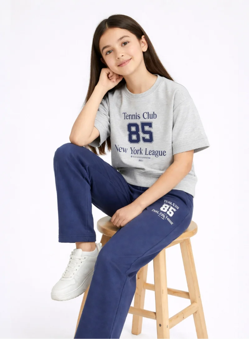 Victor And Jane  Girls 2 Pc Set Tennis Club Print T-Shirt & Pants Set – Grey & Navy for Women | Best Price UAE